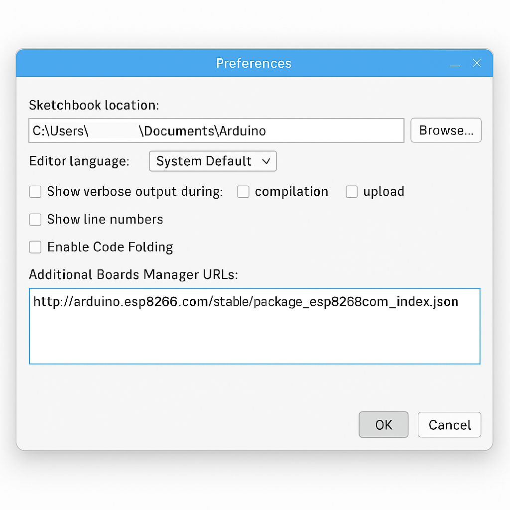 Arduino IDE Preferences window showing ESP8266 Board Manager URL to Add ESP8266 ESP32 to Arduino IDE
