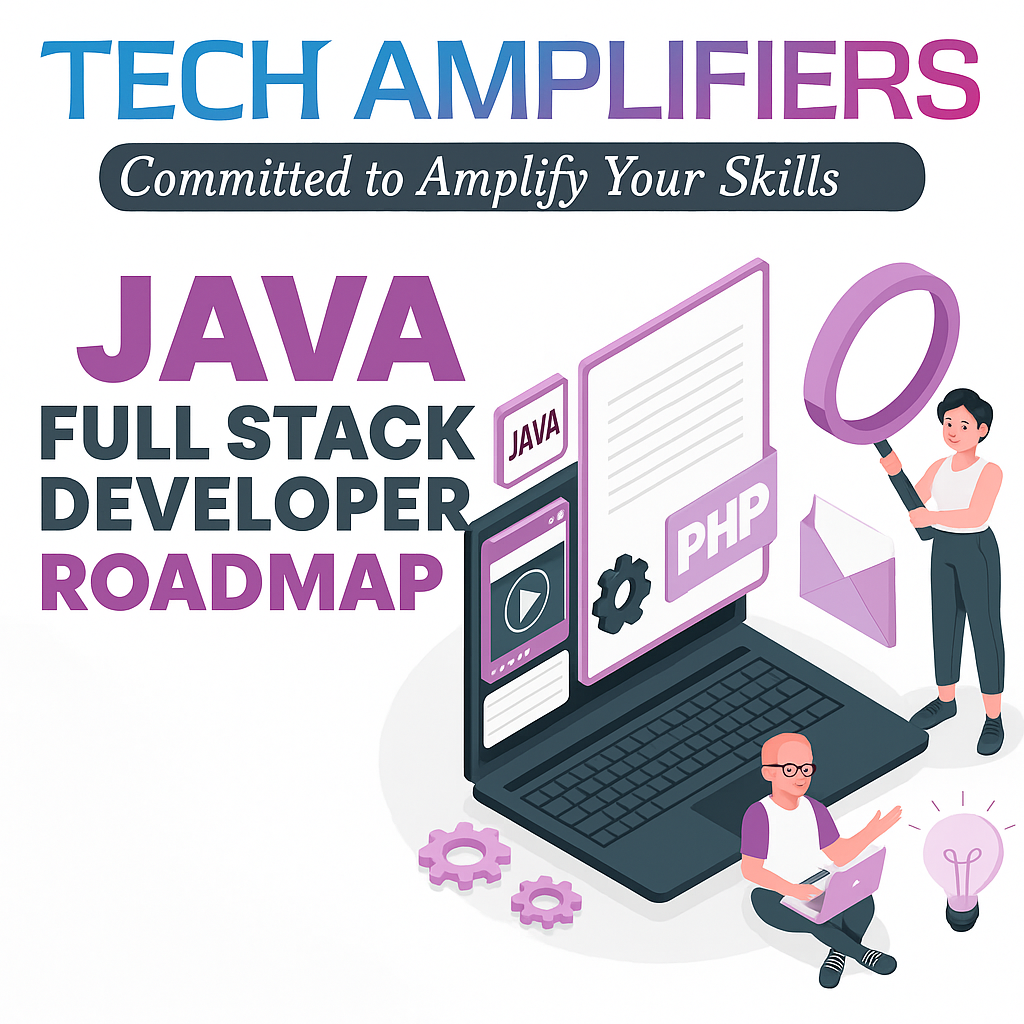 Illustration of Java Full-Stack Developer Roadmap with Tech Amplifiers branding, featuring laptop, developers, and coding icons