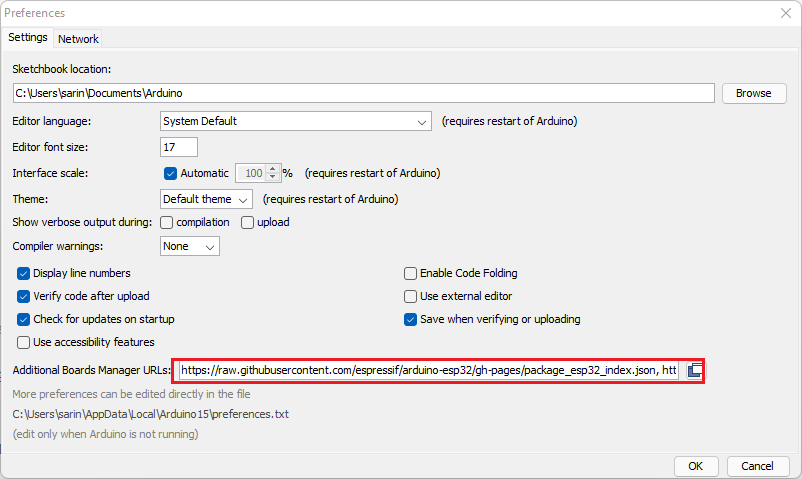 Arduino IDE Preferences window showing ESP32 Board Manager URL to Add ESP8266 ESP32 to Arduino IDE