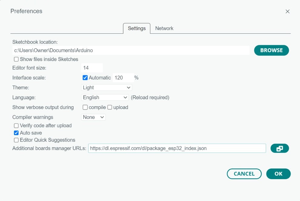 Arduino IDE Preferences window showing ESP32 Board Manager URL to Add ESP8266 ESP32 to Arduino IDE