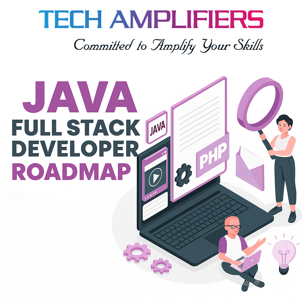 Illustration of Java Full-Stack Developer Roadmap with Tech Amplifiers branding, featuring laptop, developers, and coding icons